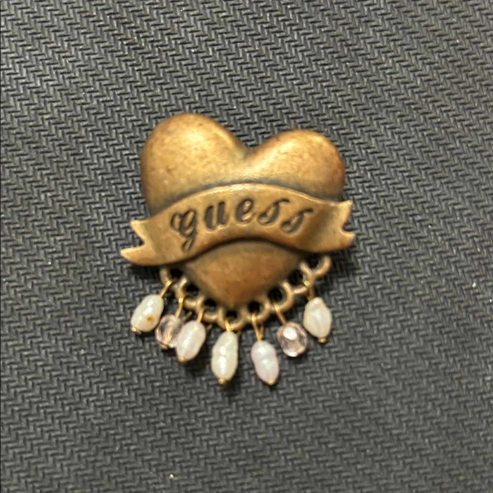 Guess Gold tone heart with delicate fringe Pearl beads brooch pin. Tattoo style